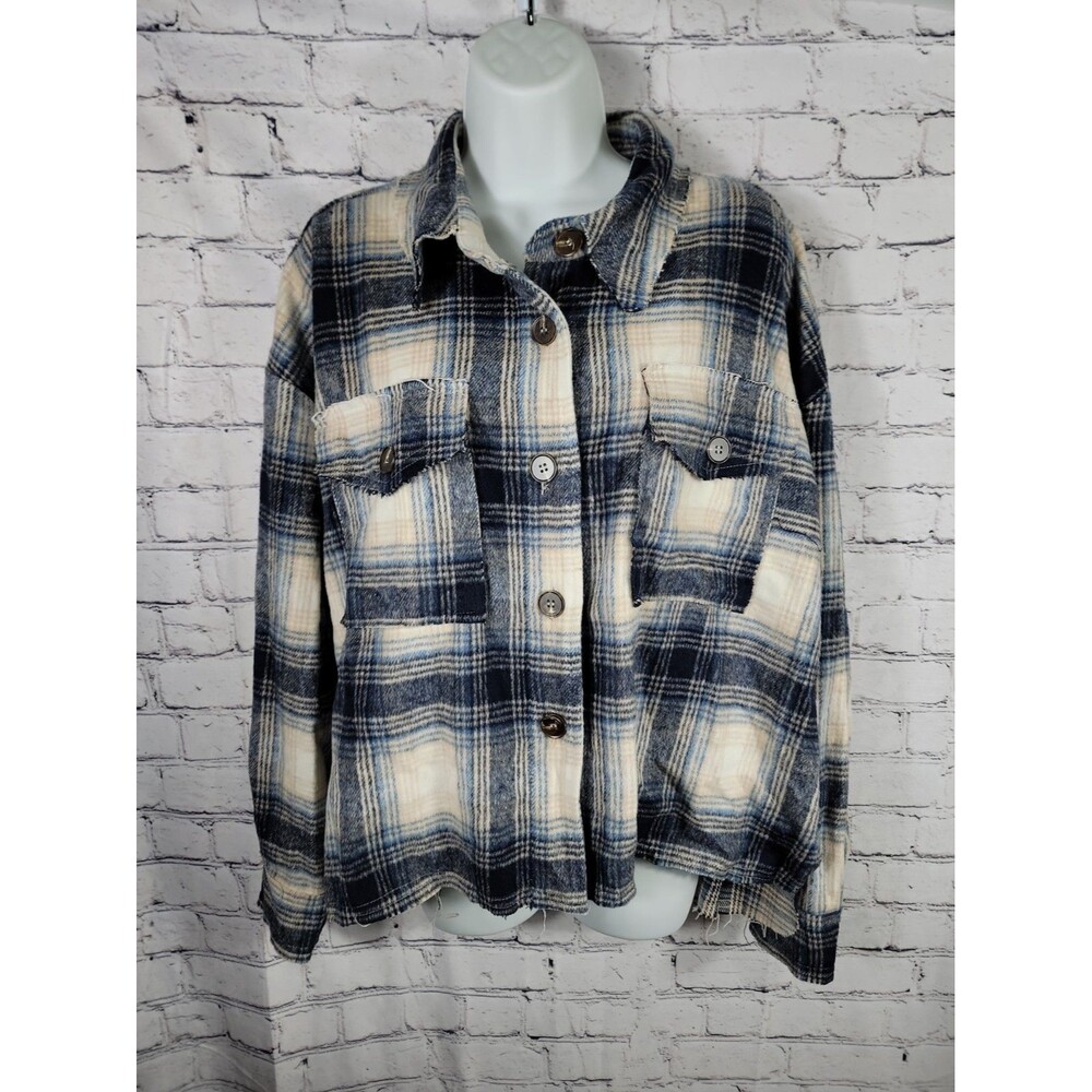La Miel Plaid Shacket Women M Blue Cream Raw Hem Button Up Cropped Oversized